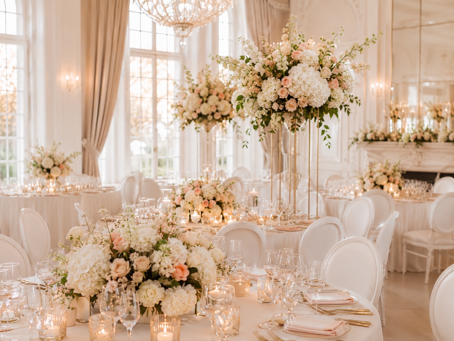 Eleganter Hochzeitsempfang mit heller Floristik